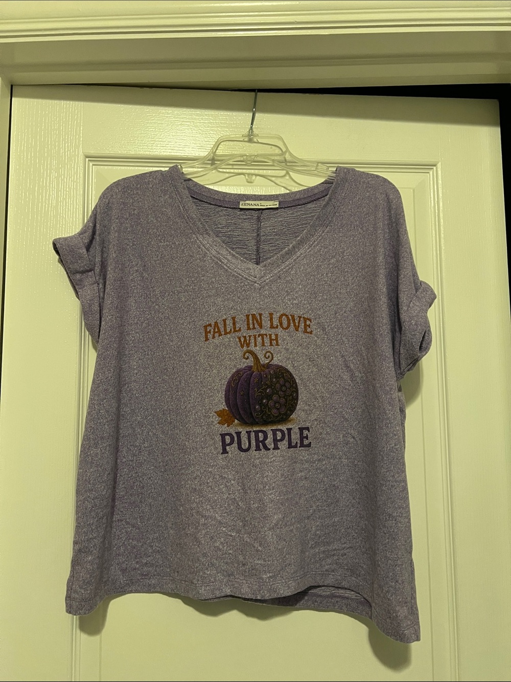 NWOT Zenana Cozy Purple Graphic V-Neck Tee - Fall In Love With Purple